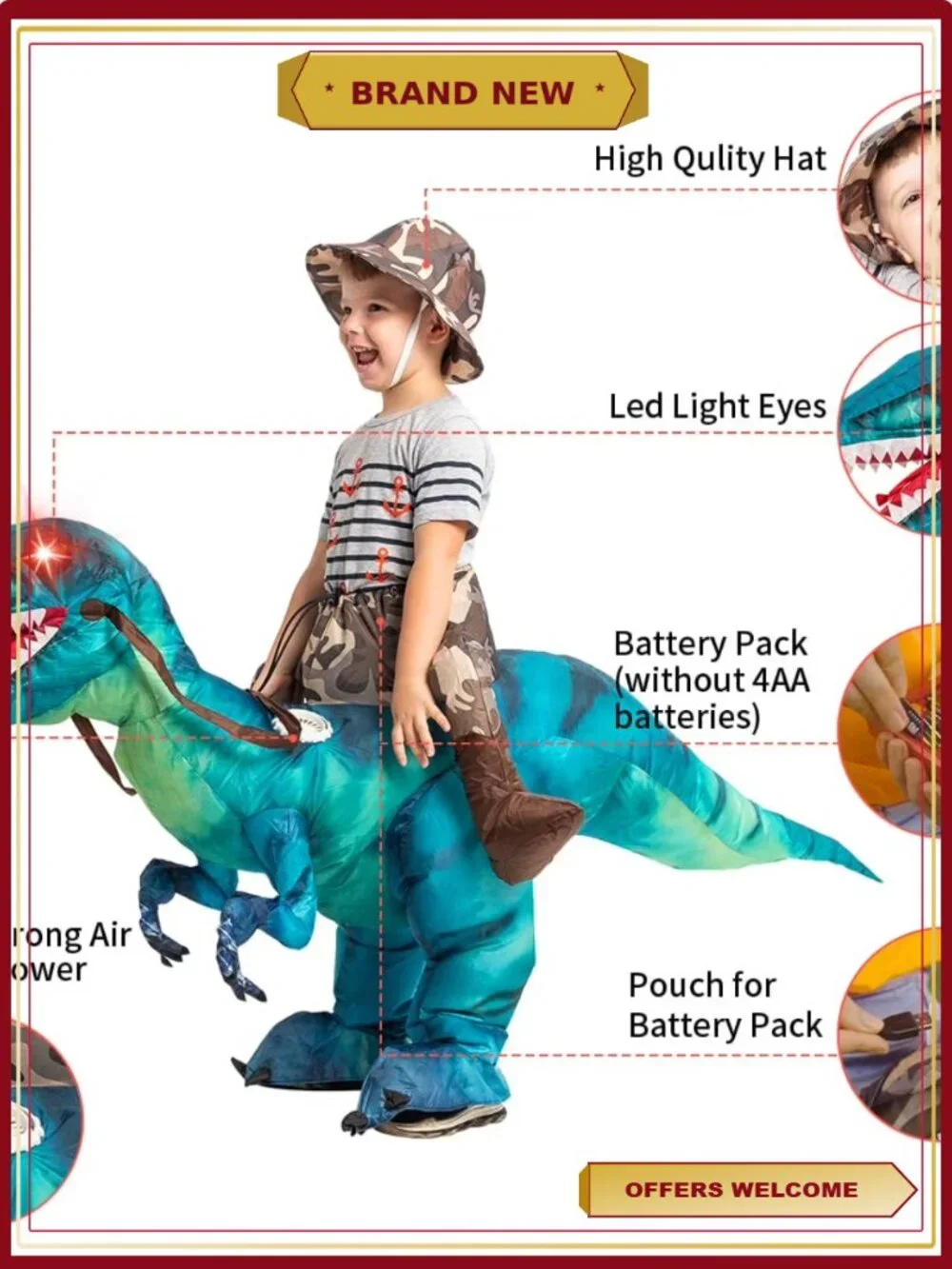 GOOSH Kids Inflatable Dinosaur Costume 55in Halloween Blow Up Suit